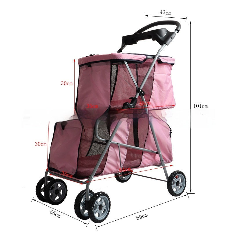 Pink pet stroller with dimensions marked on a white background