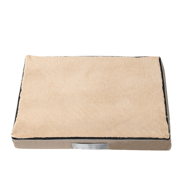 Khaki pet bed with a black border on a white background