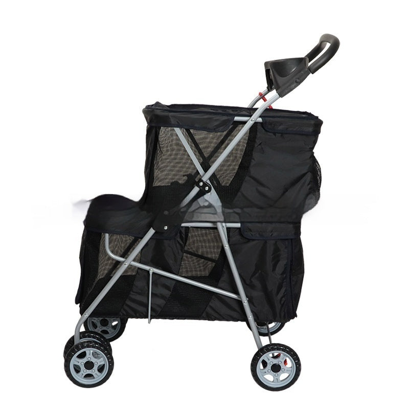 Black pet stroller with mesh sides on a white background