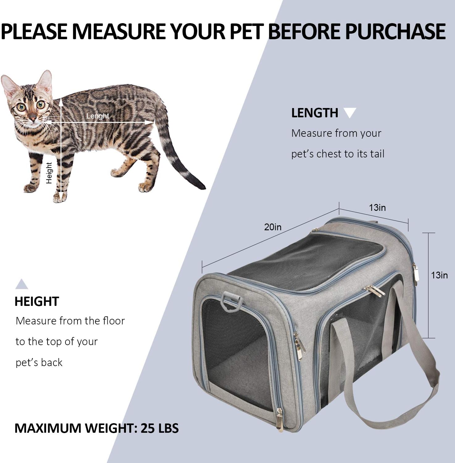 Pet carrier with measurement guide for pet dimensions and weight capacity on a light blue background.