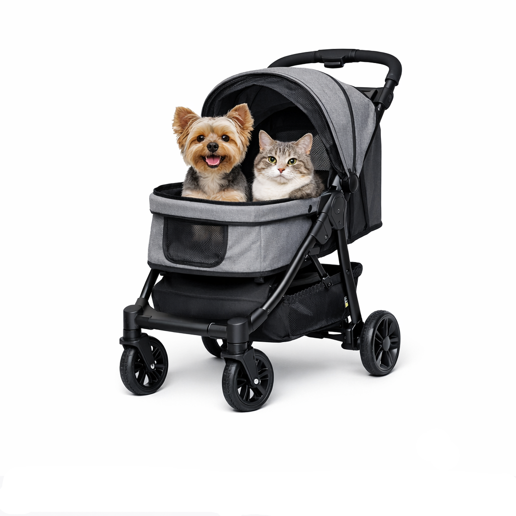 Dog and cat sitting together in a modern pet stroller on a white background