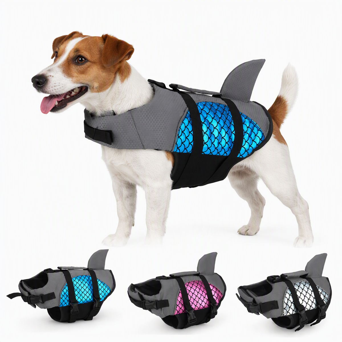 A Jack Russel with a blue life vest on also showing a blue, pink and silver life vests across the bottom of the photo on white background