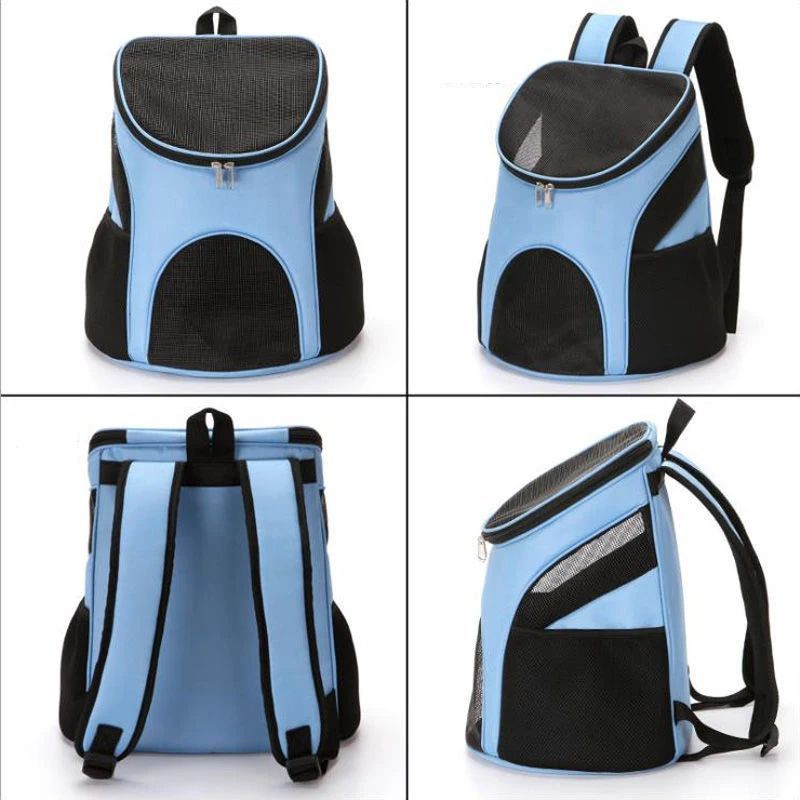 Pet carrier backpack with blue and black design on a white background
