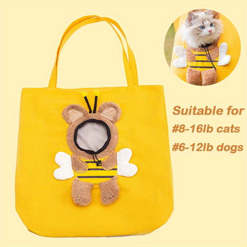 Yellow tote bag with a bee-themed pet carrier and an inset of a cat in a similar carrier.