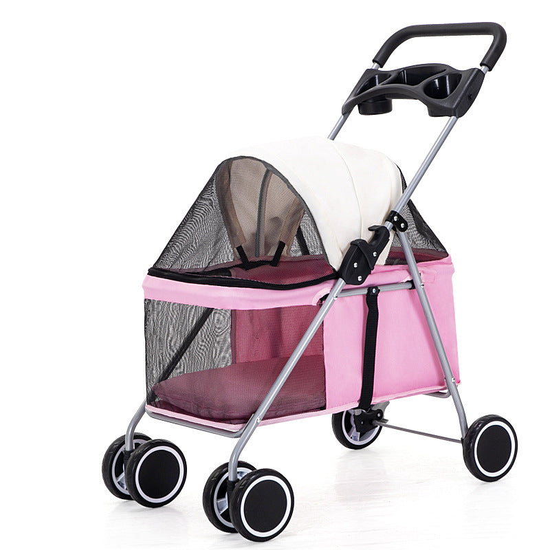 Pink pet stroller with mesh sides on a white background