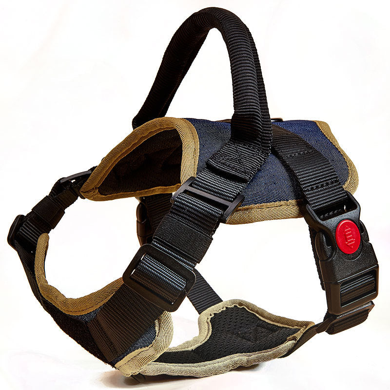 Dog harness with black straps and a red button on a white background