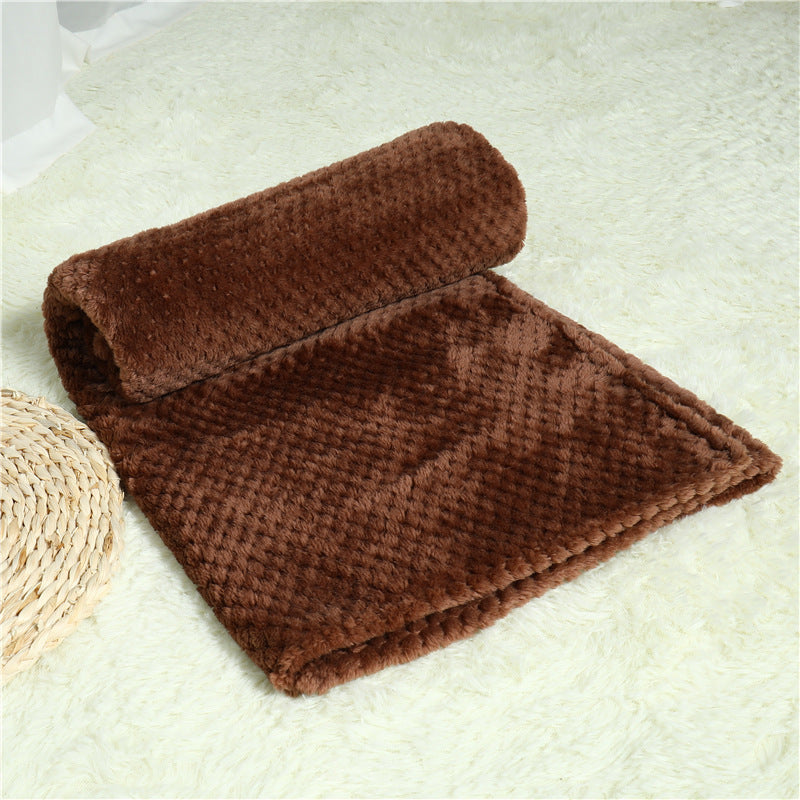 Brown textured rug on a light beige carpet