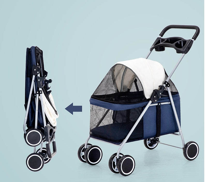 Pet stroller with folded and expanded positions on a light blue background