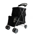 Black pet stroller with wheels on a white background