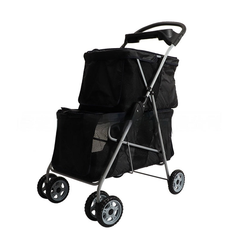Black pet stroller with wheels on a white background