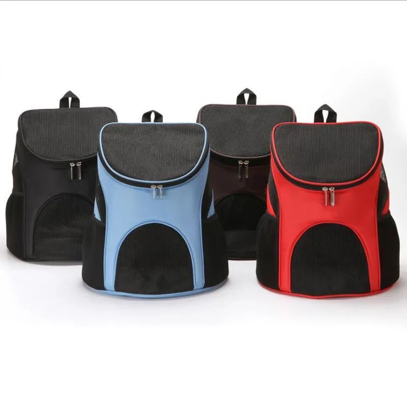 Four pet carriers in black, blue, gray, and red on a white background