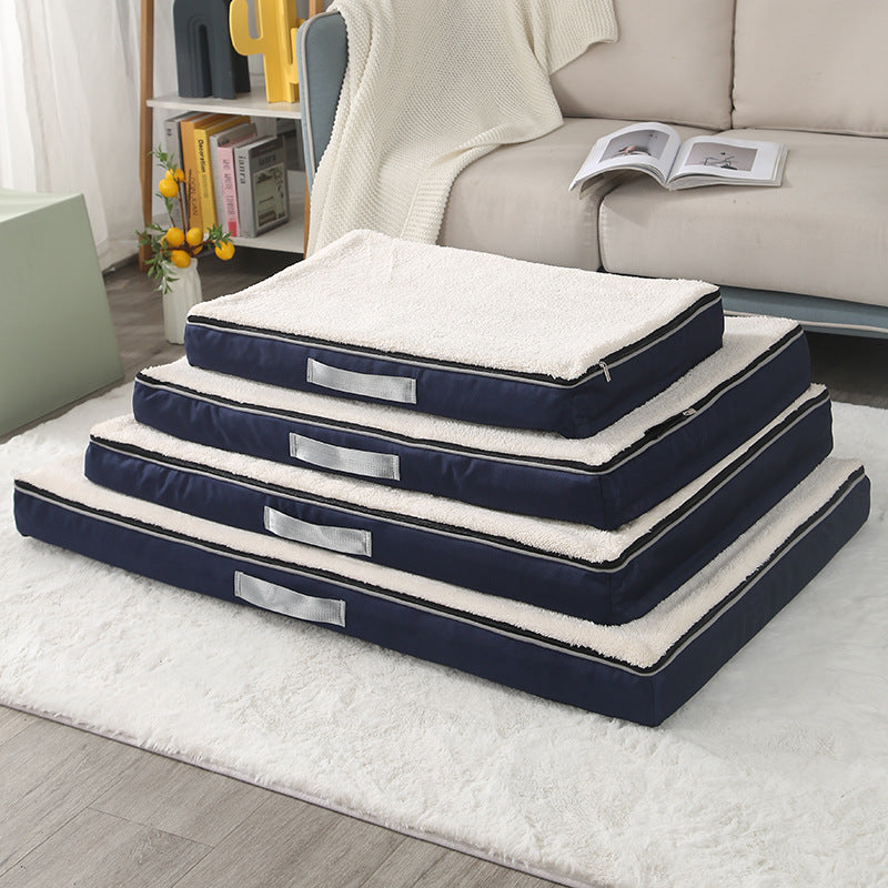 Stack of pet beds in a living room setting