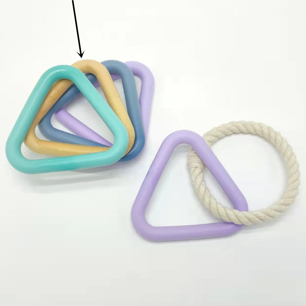 Colorful triangle-shaped pet toys with a rope on a white background