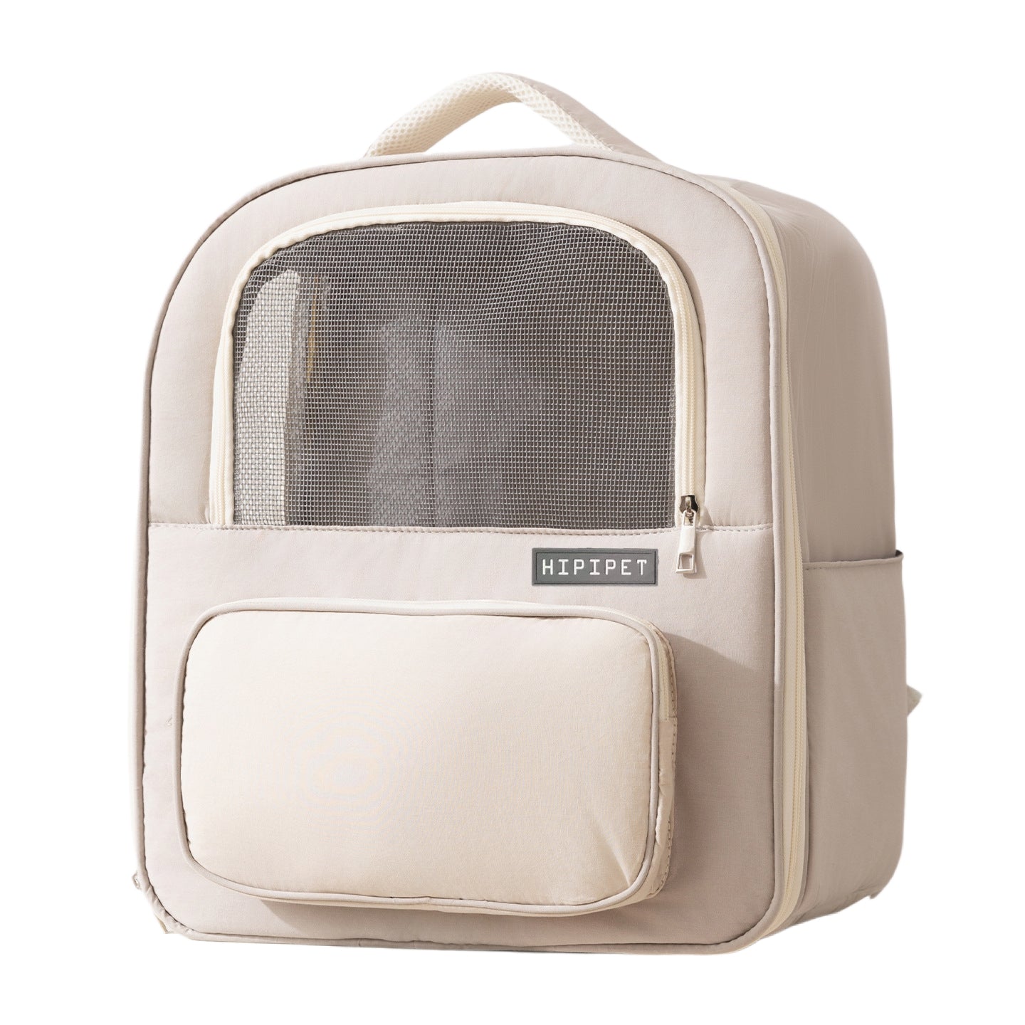 Beige pet carrier backpack with mesh window on a white background