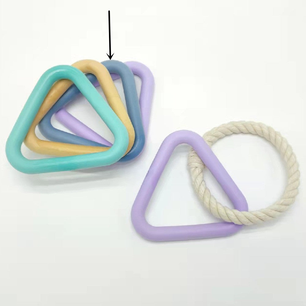 Set of colorful triangle-shaped pet toys with a rope on a white background