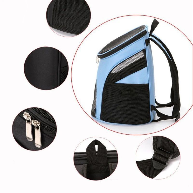 Pet carrier backpack with close-up details on a white background
