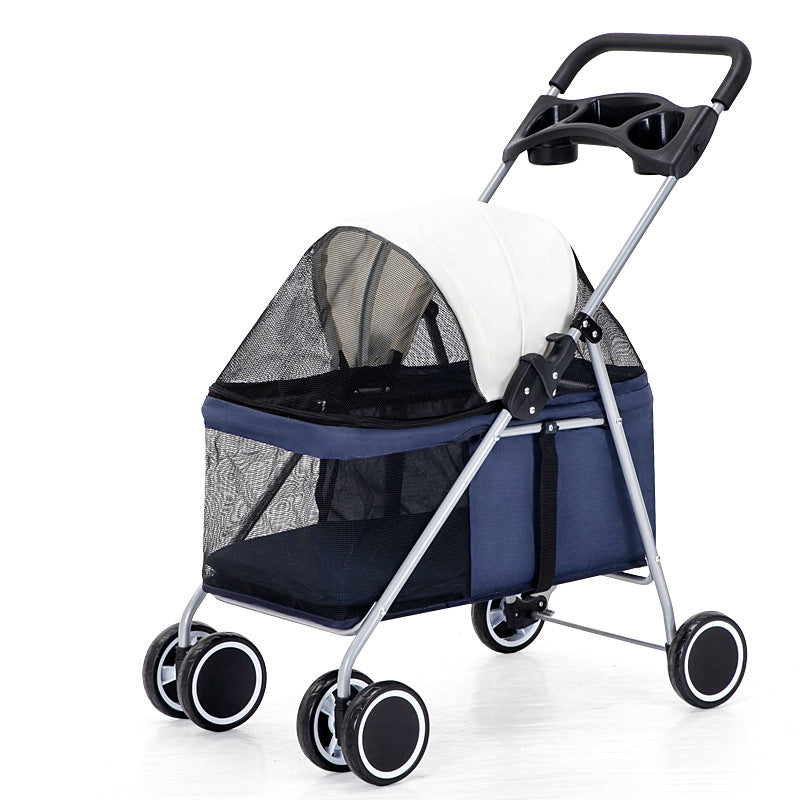 Pet stroller with a blue interior and black mesh cover on a white background