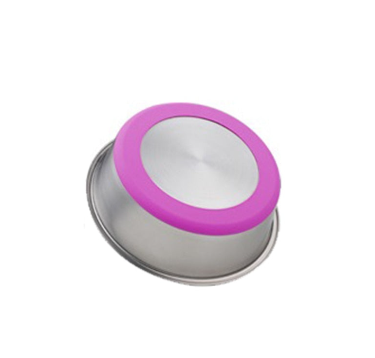 Stainless steel container with a pink lid on a white background