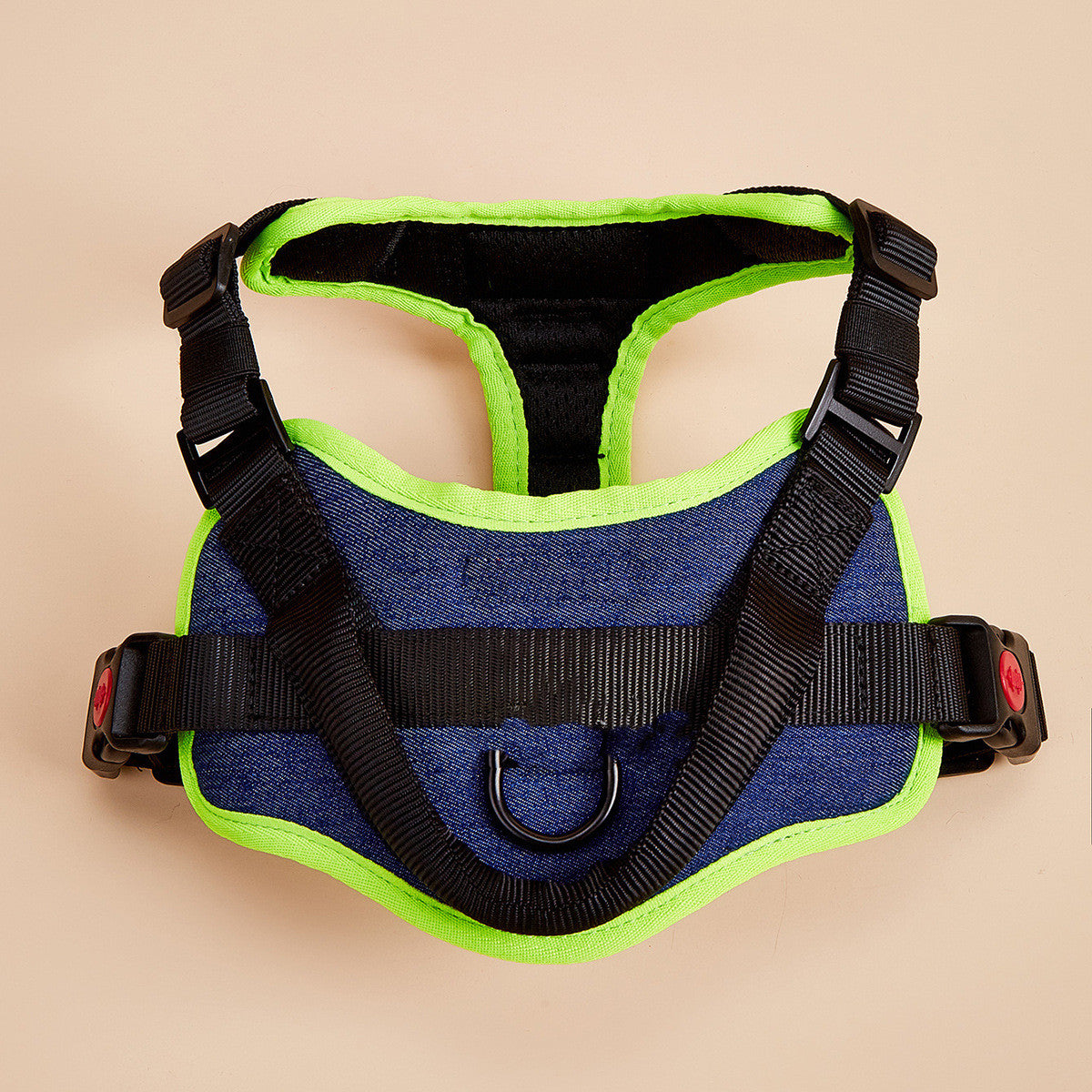 Dog harness with blue and green design on a beige background