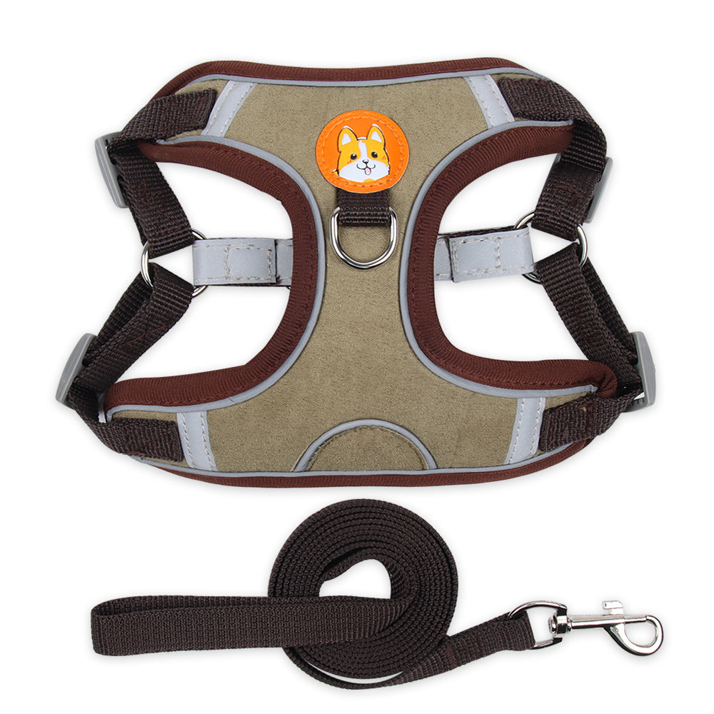 Grey dog harness and leash set on a white background