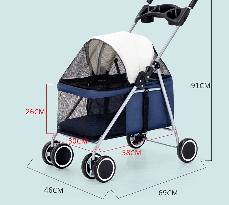 Pet stroller with dimensions on a light blue background