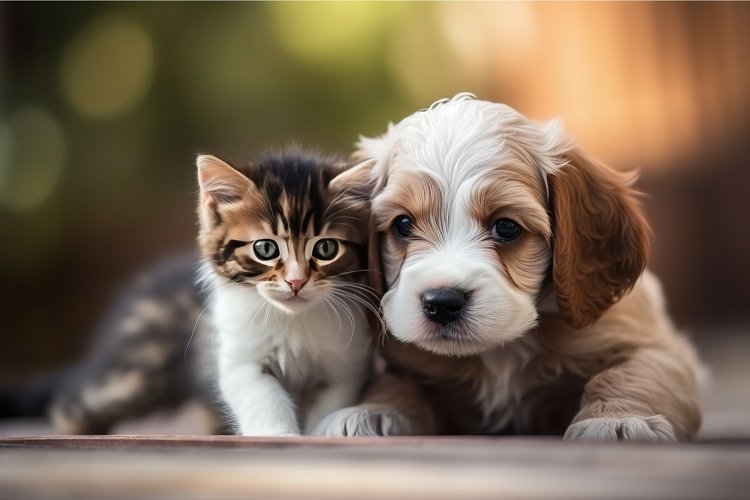 Kitten and puppy sitting together on a wooden surface with a blurred natural background